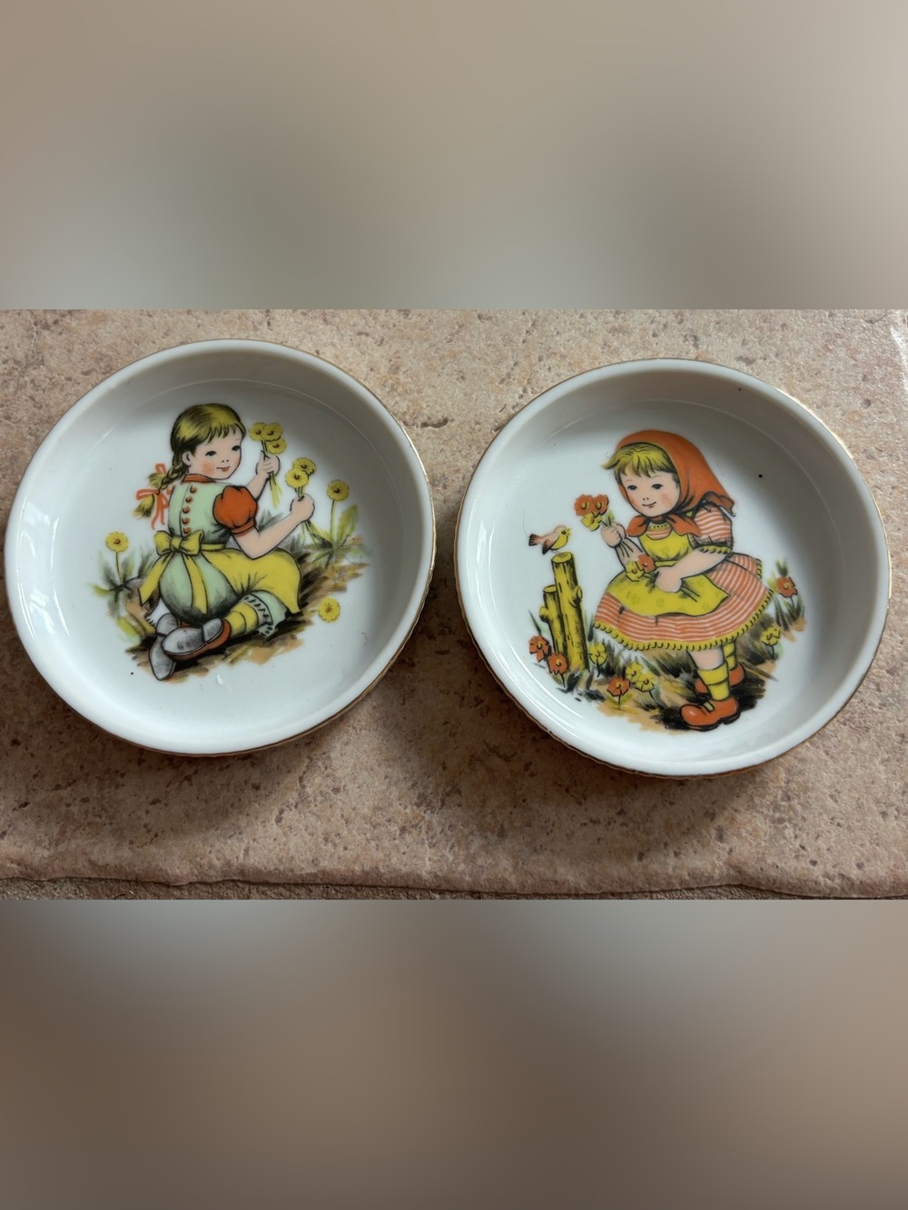 Vintage Floral Girl Decorative Ceramic Dish Set Japanese Made Gold Trim